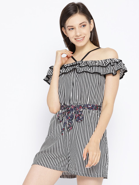 DODO & MOA Women Black & White Striped Off-Shoulder Playsuit