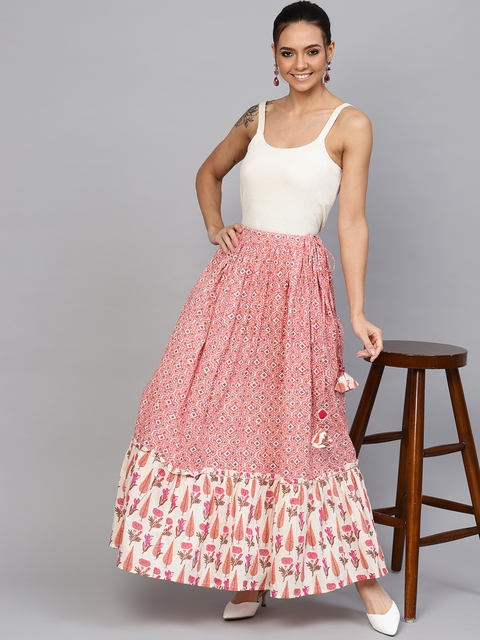 Jaipur Kurti Women Pink & Off-White Printed Maxi Flared Skirt