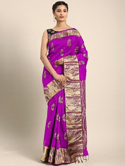 The Chennai Silks Purple & Golden Pure Silk Woven Design Kanjeevaram Saree