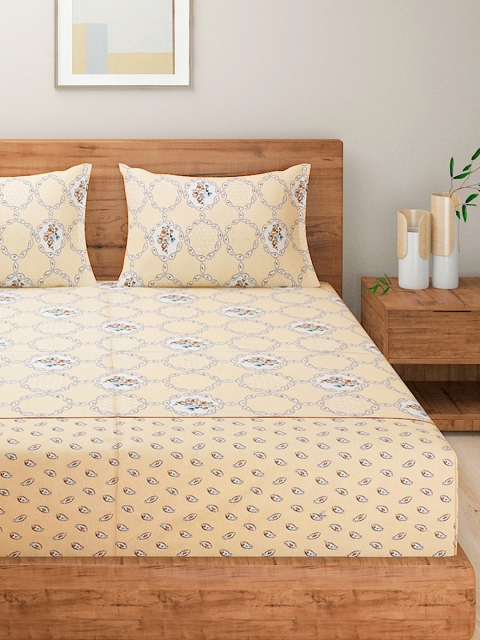 SWAYAM Sparkle Orange Floral 144 TC King Fitted Bedsheet Set - Image 2