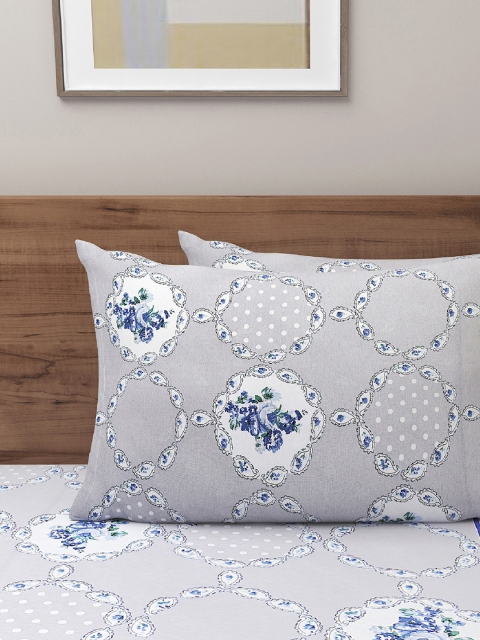 SWAYAM Grey Floral Roto Cotton144 TC King Fitted Bedsheet Set - Image 3