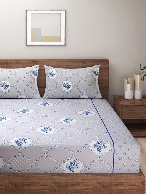 SWAYAM Grey Floral Roto Cotton144 TC King Fitted Bedsheet Set - Image 2