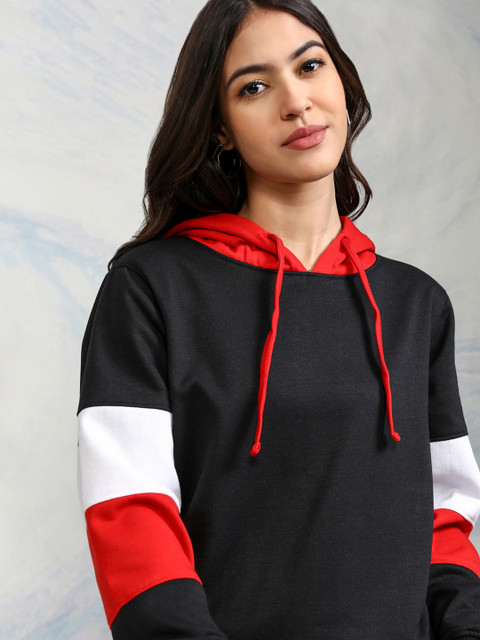 Tokyo Talkies Women Black & Red Solid Hooded Sweatshirt