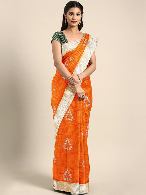 The Chennai Silks Orange & Silver-Toned Pure Silk Embellished Saree