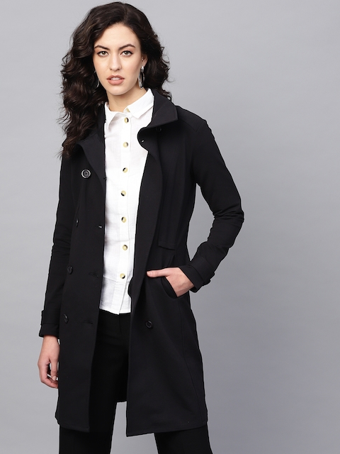 Femella Women Black Solid Double-Breasted Coat