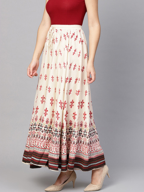 anayna Cream-Coloured & Red Printed Flared Maxi Skirt - Image 2