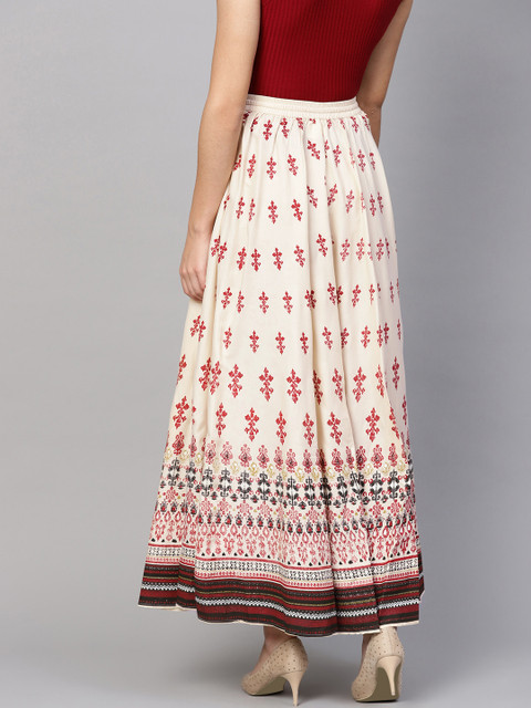 anayna Cream-Coloured & Red Printed Flared Maxi Skirt - Image 3