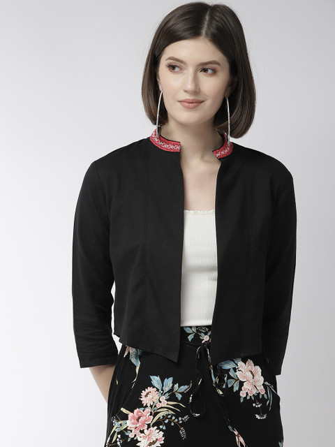 Style Quotient Women Black Solid Cropped Open Front Shrug