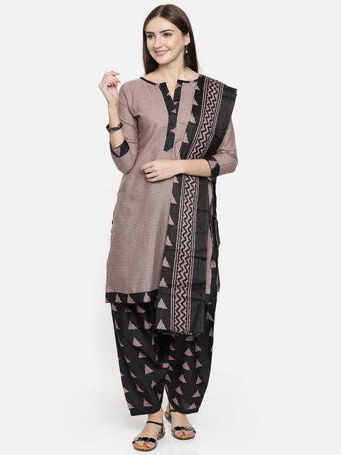 Rajnandini Pink & Black Cotton Blend Unstitched Dress Material