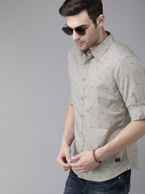 Roadster Men Grey & Black Printed Pure Cotton Casual Shirt