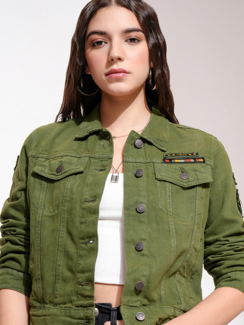 Tokyo Talkies Women Olive Green Solid Denim Jacket