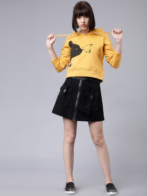Tokyo Talkies Women Mustard Orange Solid Hooded Sweatshirt