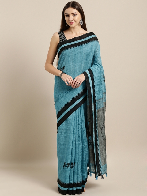 Rajnandini Blue & Black Linen Blend Warli Printed Saree