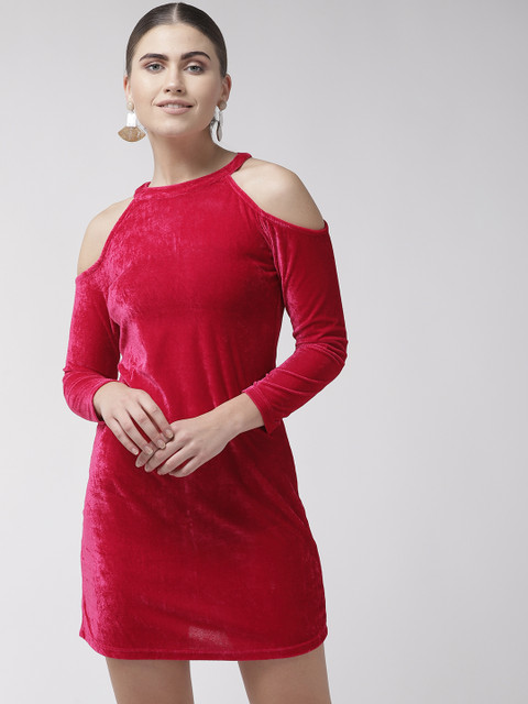 Rue Collection Women Pink Solid Velvet Finish Sheath Dress