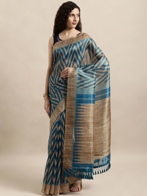 aamna Teal & Brown Cotton Blend Printed Tussar Saree