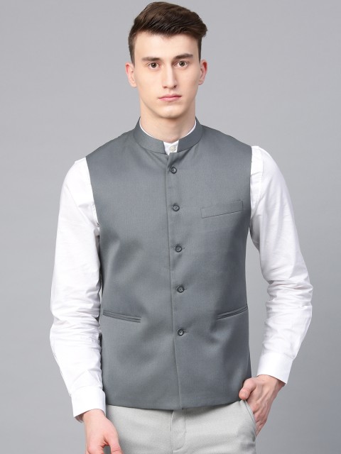 MANQ Men Grey Slim Fit Solid Nehru Jacket