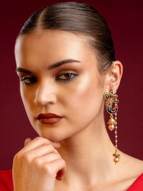 PANASH Gold-Plated & Off-White Meenakari Peacock Shaped Drop Earrings
