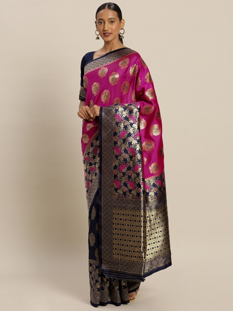 Mitera Navy Blue & Pink Art Silk Woven Design Banarasi Saree