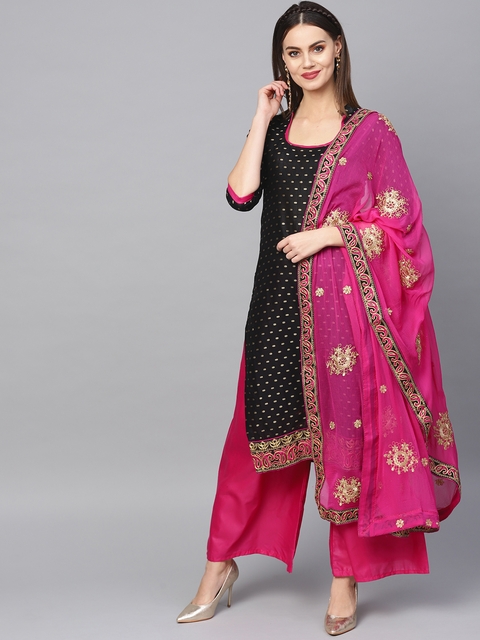Ishin Black & Pink Unstitched Woven Design Dress Material