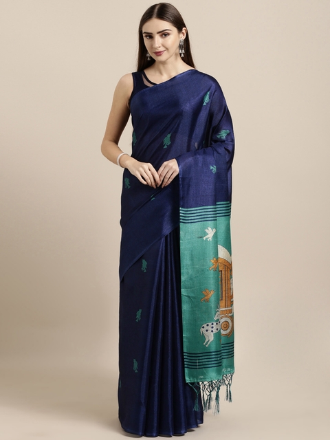 GoSriKi Navy Blue & Teal Green Art Silk Woven Design Khadi Saree