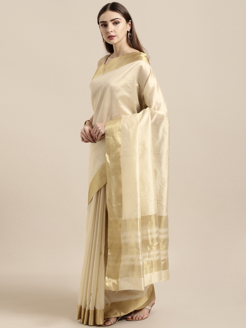 GoSriKi Beige Art Silk Solid Mysore Silk Saree