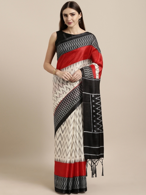 GoSriKi Off-White & Black Silk Cotton Woven Design Khadi Saree