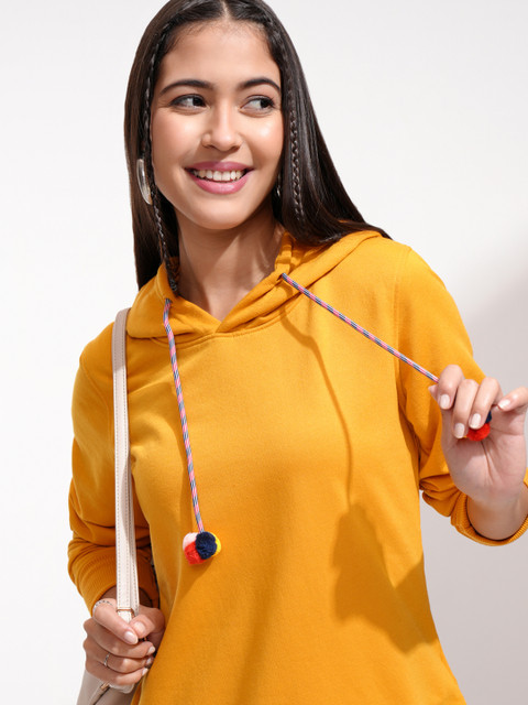 Tokyo Talkies Women Mustard Solid Hooded Sweatshirt