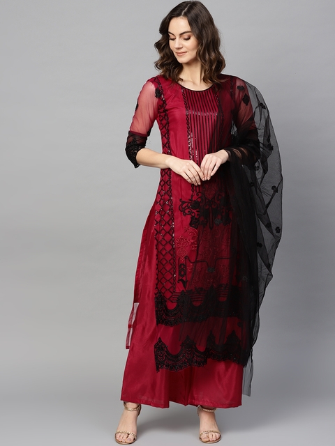 Ishin Burgundy & Black Embroidered Unstitched Dress Material