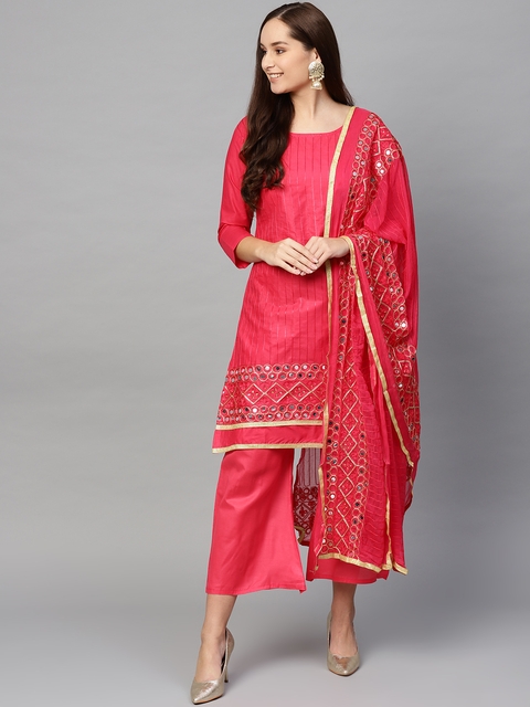 Ishin Pink Embroidered Unstitched Dress Material