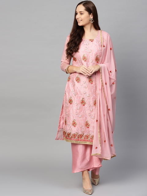 Ishin Pink Embroidered Unstitched Dress Material