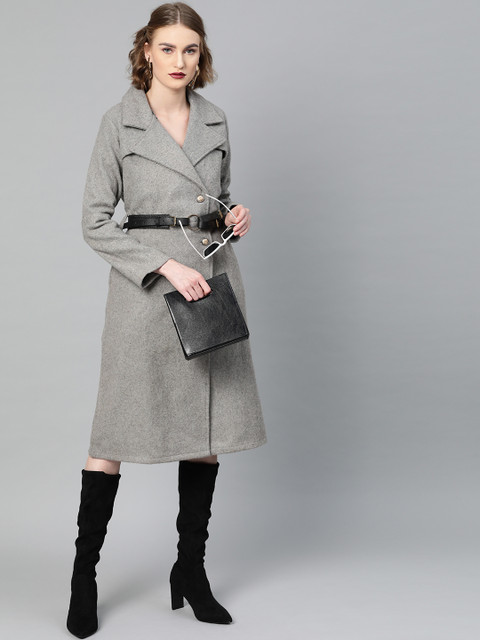 Athena Women Grey Melange Solid Overcoat