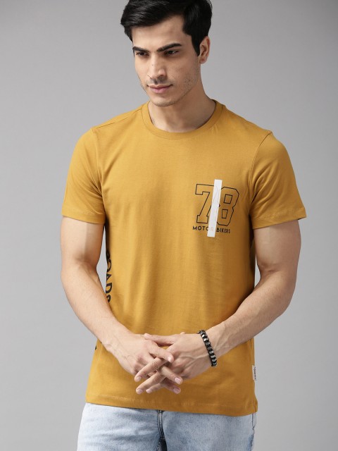 The Roadster Lifestyle Co Men Mustard Yellow Solid Round Neck Pure Cotton T-shirt