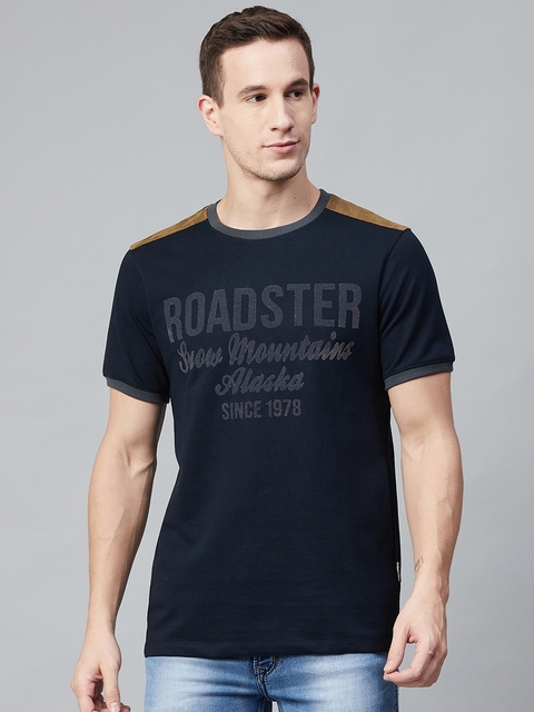 Roadster Men Navy Blue and Charcoal Grey Printed Round Neck T-shirt