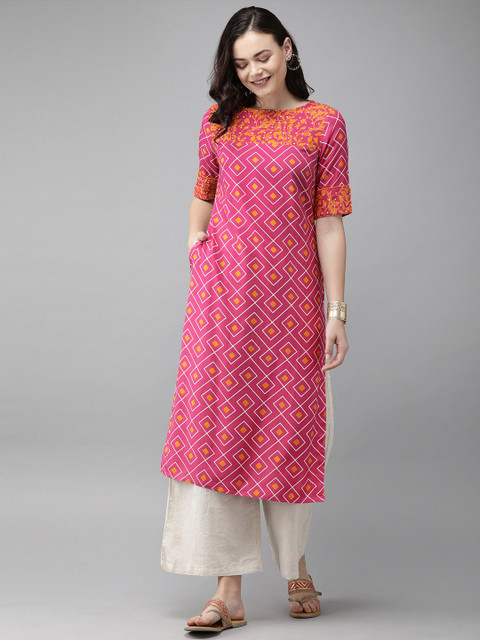Anouk Women Pink & Mustard Yellow Printed Straight Kurta