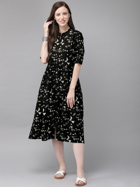 Anouk Women Black & White Printed Fusion A-Line Kurta