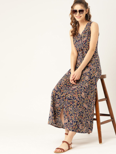 DressBerry Navy Blue & Mustard Yellow Floral Printed Maxi Dress - Image 5