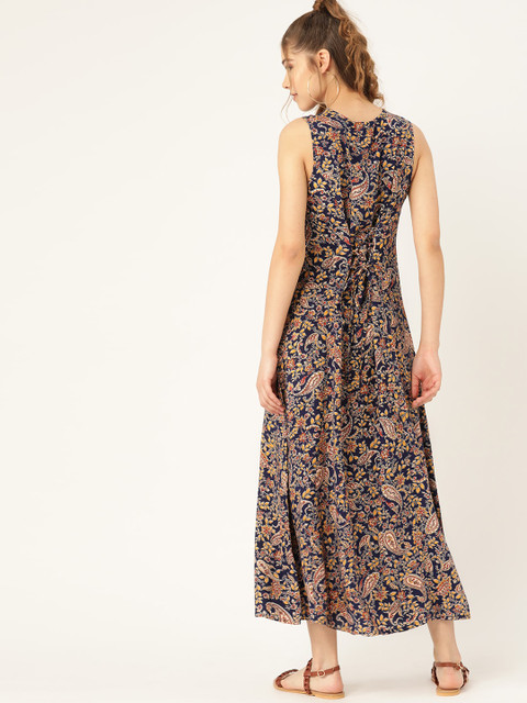 DressBerry Navy Blue & Mustard Yellow Floral Printed Maxi Dress - Image 4