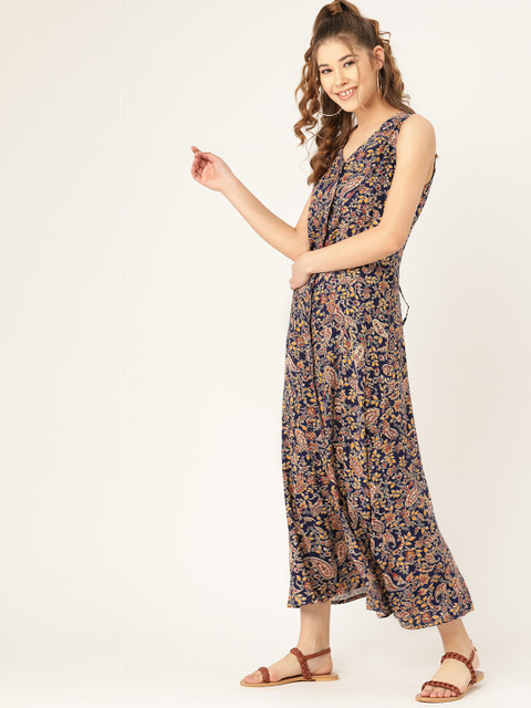 DressBerry Navy Blue & Mustard Yellow Floral Printed Maxi Dress - Image 3