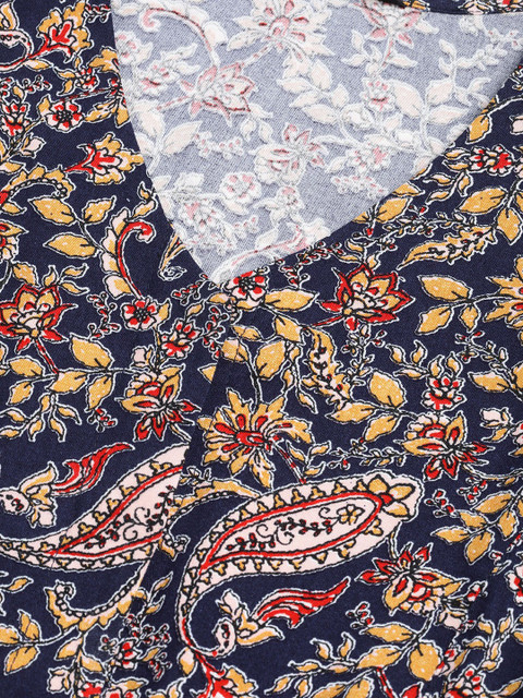 DressBerry Navy Blue & Mustard Yellow Floral Printed Maxi Dress - Image 2