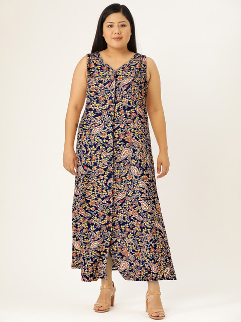 DressBerry Navy Blue & Mustard Yellow Floral Printed Maxi Dress - Image 6