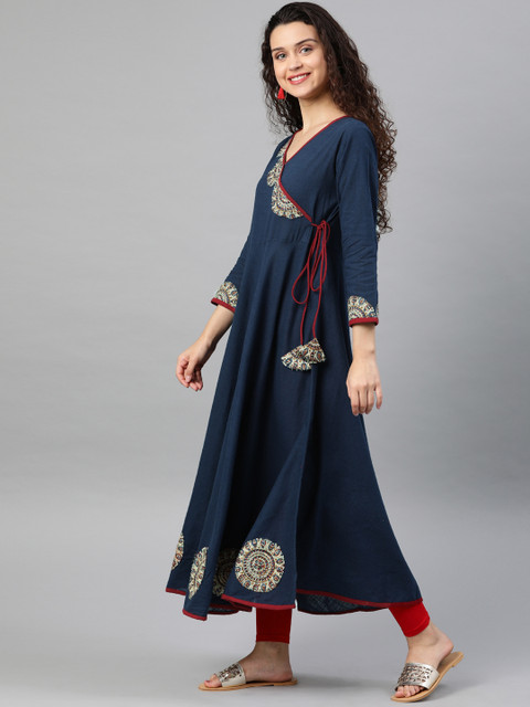 YASH GALLERY Women Navy Blue Pachwork Detail Angrakha A-Line Kurta - Image 3