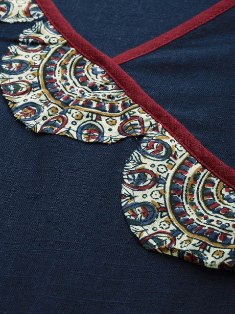 YASH GALLERY Women Navy Blue Pachwork Detail Angrakha A-Line Kurta - Image 2