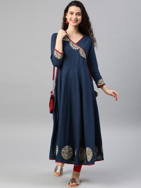 YASH GALLERY Women Navy Blue Pachwork Detail Angrakha A-Line Kurta - Image 5