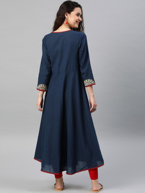 YASH GALLERY Women Navy Blue Pachwork Detail Angrakha A-Line Kurta - Image 4