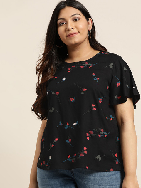 Sztori Plus Size Women Black Pink Printed Top