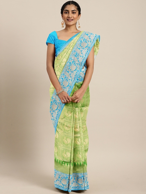 The Chennai Silks Classicate Lime Green & Turquoise Blue Woven Design Patola...
