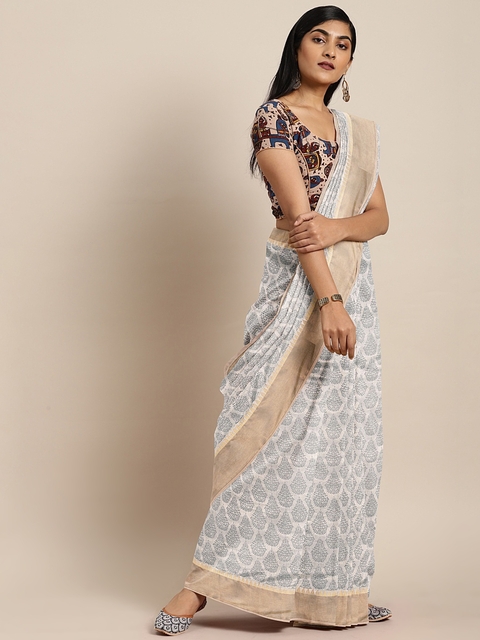 The Chennai Silks Classicate Beige Cotton Blend Printed Chanderi Saree