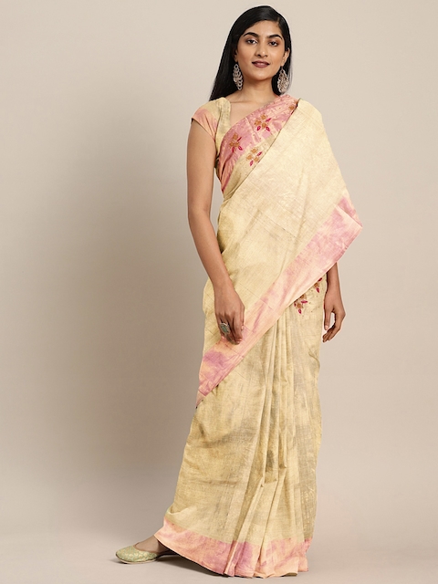 The Chennai Silks Gold-Toned Pure Cotton Solid Kasavu Saree With Embroidered Detail