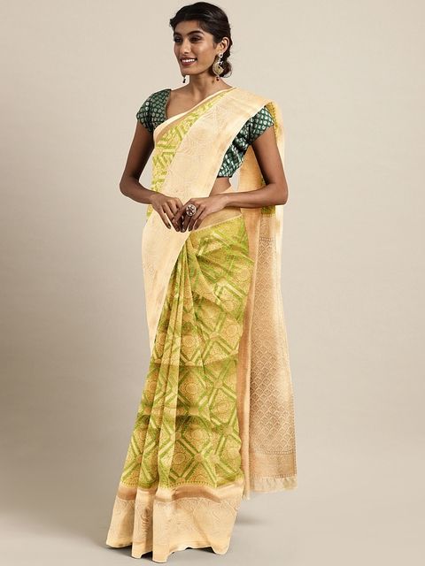 The Chennai Silks Classicate Green & Golden Silk Blend Woven Design Patola...