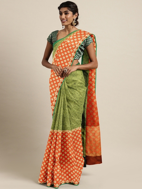 The Chennai Silks Classicate Green & Orange Silk Blend Woven Design Patola...